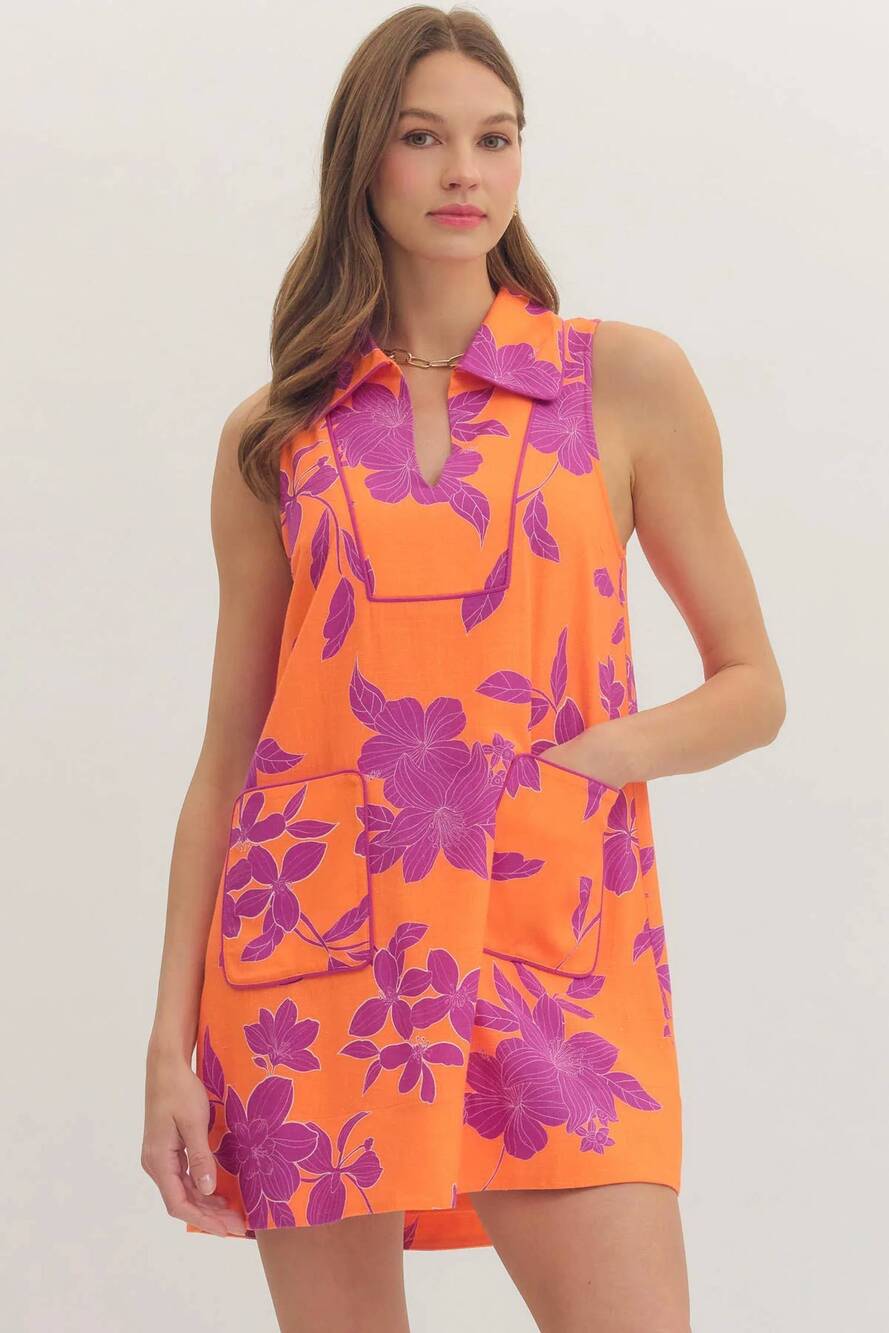 NEW ENTRO floral collared shift dress in orange